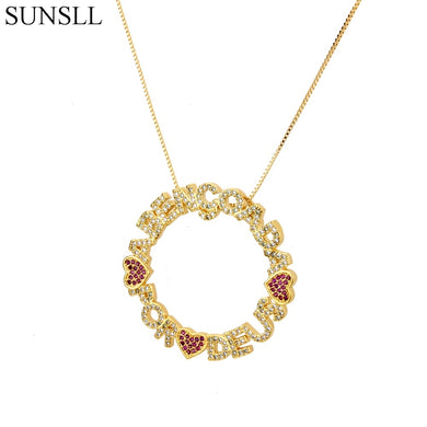 Gold/Silver Color Copper Red Cubic Zirconia Heart And Letters Pendant Necklaces Women's Fashion Jewelry Cobre CZ Colar