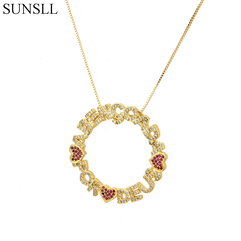 Gold/Silver Color Copper Red Cubic Zirconia Heart And Letters Pendant Necklaces Women's Fashion Jewelry Cobre CZ Colar