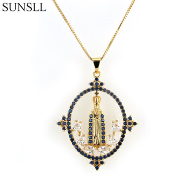 Two Color Copper Multicolor Cubic Zirconia Pendant Necklaces Women's Fashion Jewelry Nossa Senhora CZ Colar Feminina