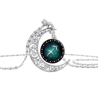 Hot 12 Constellation Necklace Charms Glass Gabochon Moon Pendant Silver Plated Long Chain Necklaces For Women Jewelry