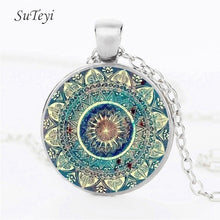 Carica l&#39;immagine nel visualizzatore di Gallery, Collana vintage con cupola in vetro Buddismo Chakra Gioielli con pendente cabochon in vetro Om India Yoga Mandala Collane per unisex 