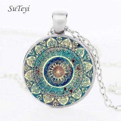 Collana vintage con cupola in vetro Buddismo Chakra Gioielli con pendente cabochon in vetro Om India Yoga Mandala Collane per unisex 