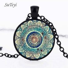 Carica l&#39;immagine nel visualizzatore di Gallery, Collana vintage con cupola in vetro Buddismo Chakra Gioielli con pendente cabochon in vetro Om India Yoga Mandala Collane per unisex 