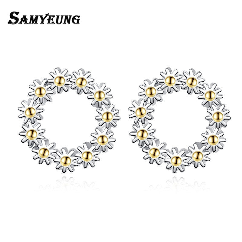 Cute Small Sun Flower Stud Earrings for Women Double Sided Earrings Fashion Earing Wedding Jewelry Brincos Pusety 10mm