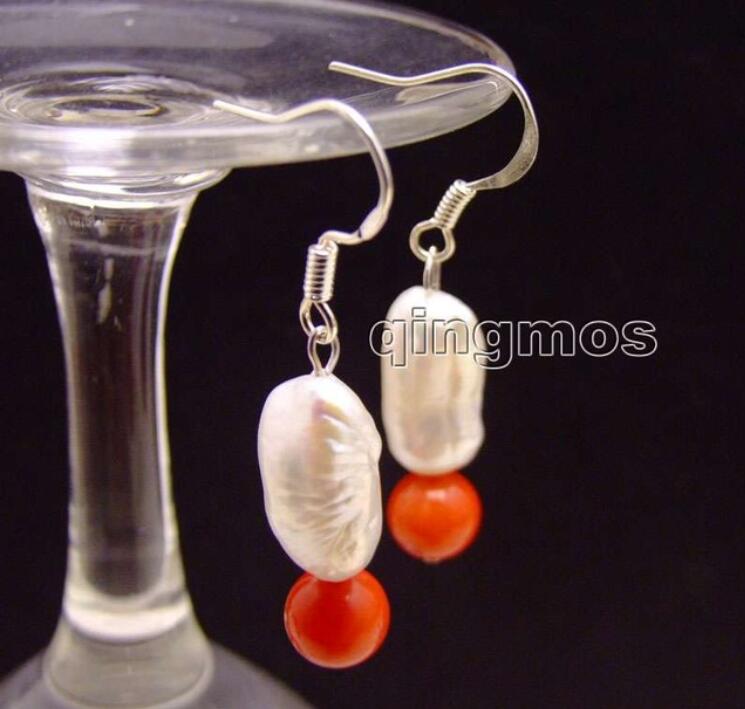Selling Jewelry>>12-15mm White Baroque Natural Pearl and 6-7mm Round Red Coral dangle Earring