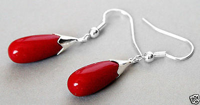 Selling jewerly Pair Red Coral 925 Sterling Silver Teardrop Natural stone 925 Sterling Silver wedding jewelry earrings