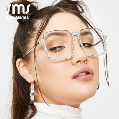 Sen Maries Diamond Square Sunglasses Women Clear Lens Crystal Frame Gradient Blue Tea Elegant Female Eyewear UV400