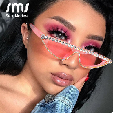 Sen Maries Small Cat Eye Diamond Sunglasses Women Rhinestone Sun Glasses Sexy Pink Black Vintage Eyeglasses Shades UV400