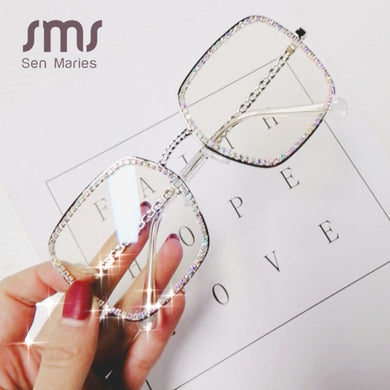 Sen Maries Square Flat Light Diamond Sunglasses Women Square  Crystal Clear Eyeglasses Vintage Big Frame Female Glasses