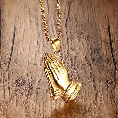 Serenity Praying Hands Charm Pendant Necklace for Mens Womens Stainless Steel Gold Tone Religious Vintage Male Jewelry 24