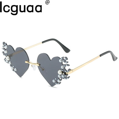 Sexy Ladies Heart Shaped Sun Glasses Trend Style Eyewear 2023  Brand Designer Love Pearl Decor Rimless Sunglasses