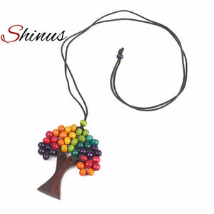 Rainbow Necklace Statement Bohemian Tree Of Life Necklaces Women Long Jewelry Wood Beads Handmade Handcraft Leather Chain