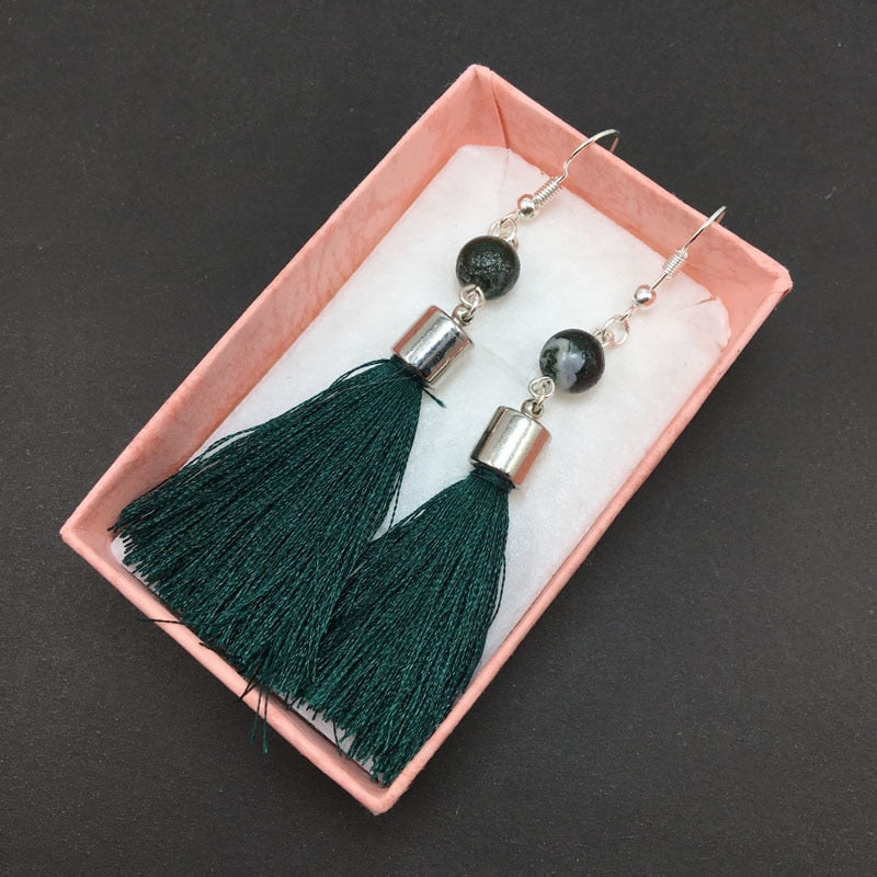Silk Ribbon Tassel Earring with Natrual Green Stone For Women Jewelry