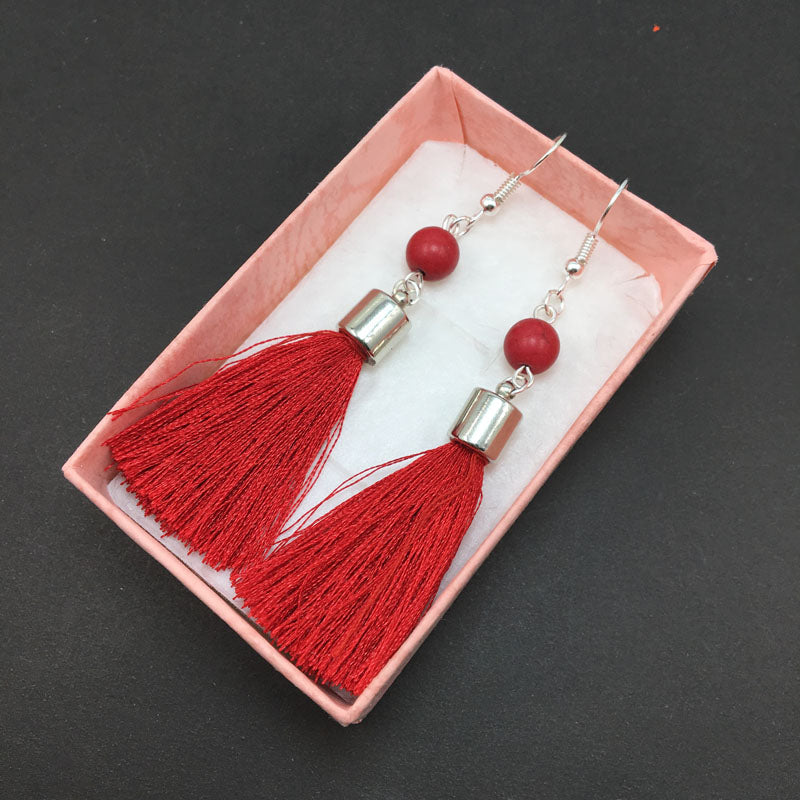 Silk Ribbon Tassel Earring with Natrual Red Stone For Women Jewelry