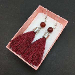 Silk Ribbon Tassel Earring with Natrual Red Stone For Women Jewelry