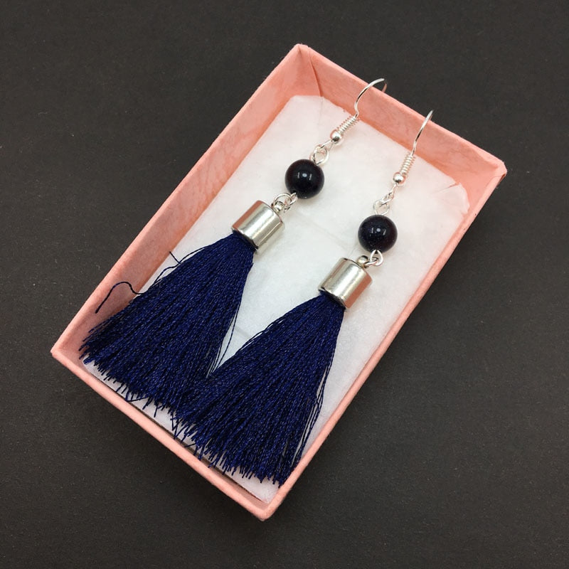 Silk Ribbon Tassel Earring with Natrual With Blue Sandstone For Women Jewelry