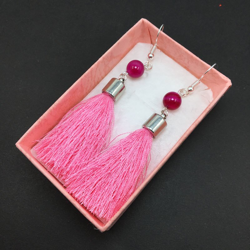 Silk Ribbon Tassel Earring with Natrual With Pink Stone For Women Jewelry