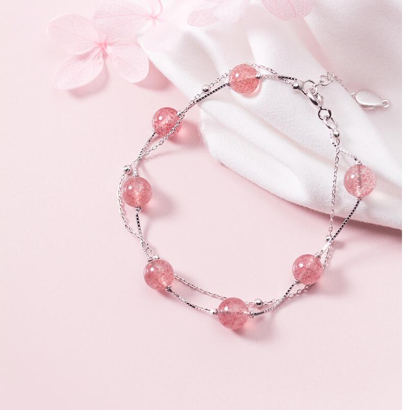 Silver Bracelet 100% Real 925 Sterling Silver Bracelet with Strawberry Crystal Bead