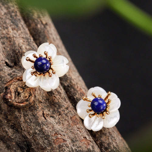 Argento placcato oro lapislazzuli montati con borchie di fiori di pruno, temperamento giapponese coreano, orecchini da donna all'ingrosso 