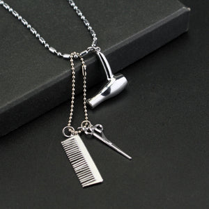 Silver Hair Stylist Necklaces Dryer Scissor Comb Silver Color Chain Pendant Necklace Vintage Women Collares Maxi Choker Jewelry