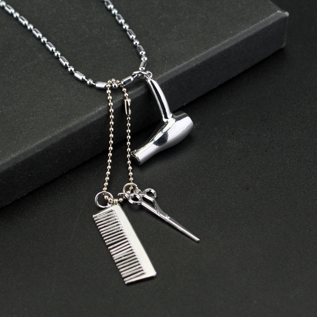 Silver Hair Stylist Necklaces Dryer Scissor Comb Silver Color Chain Pendant Necklace Vintage Women Collares Maxi Choker Jewelry