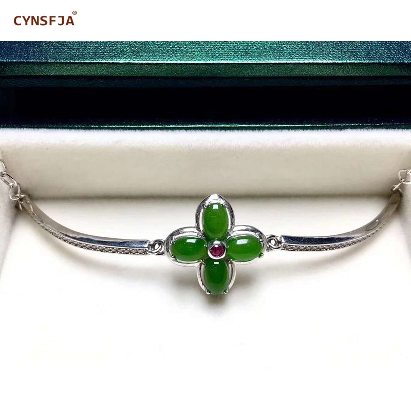 Silver Inlaid Russian Jasper Bracelets Certified Natural Jasper Lucky Four-leaf Clovers Bracelet High Quality Birthd Gifts