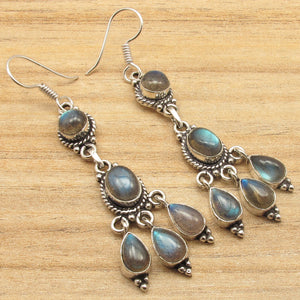 Silver Plated LABRADORITE Blue Flash ART Earrings 2.5 Inches WOMEN'S JEWELRY