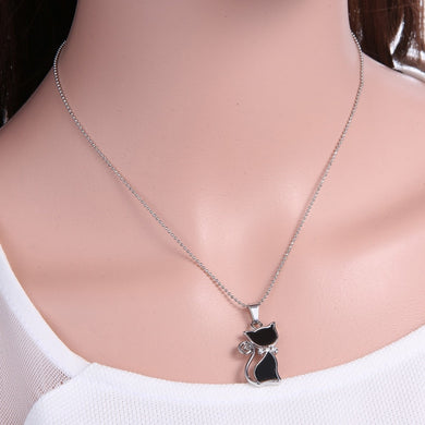 Silver Plated Rhinestones Crystal Cute Cat Pendants Necklaces Fashion Summer Choker Bowknot Necklaces for Lady Animal Black