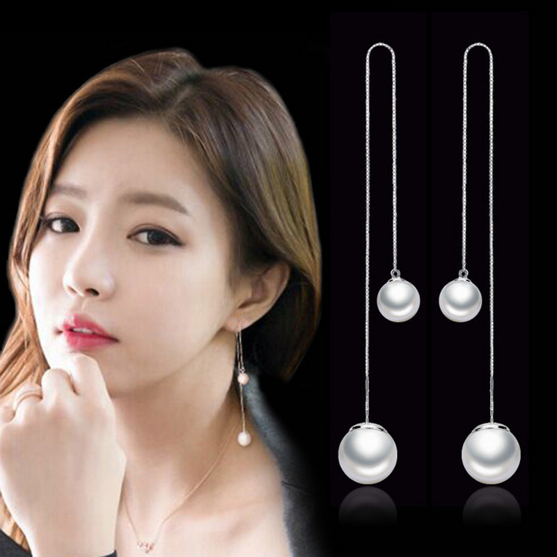 Silver Plated drop Earrings Tassels Long Section Double Ball Pearl Earrings For Women Eardrop Silver Jewelry Mixed Wholesale E16