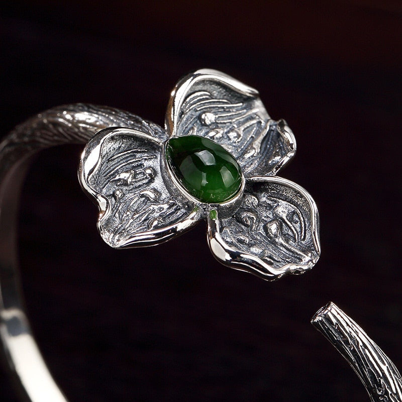 Silver S925 Pure Silver Antique Inlaid Natural Hetian Jade Lotus Flower Lady's Open Bracelet Bracelet Wholesale
