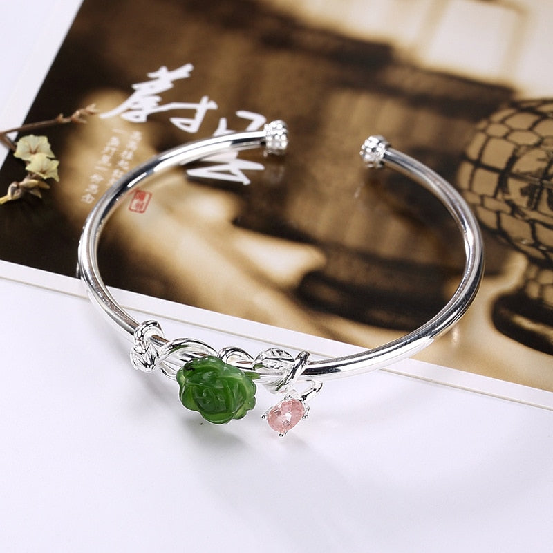 Silver S925 Pure Silver Natural Jasper Rose Rose Tourmaline Lotus Flower Lady Bracelet Wholesale