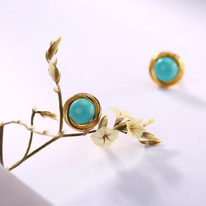 Silver Turquoise Inlaid Circular Studs, Japan And South Korea Simple Lady Temperament Fashion Ear Accessories Wholesale