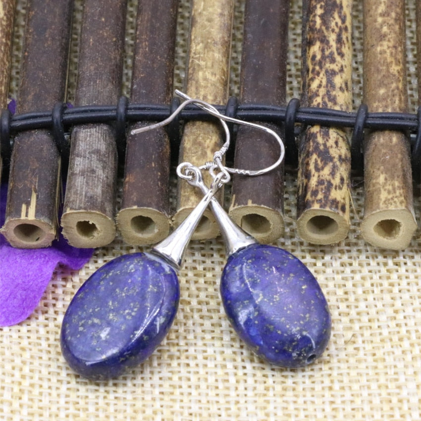 Silver-color eardrop long dangle for women natural lapis lazuli oval stone 15*20mm elegant earrings gift jewelry B3145