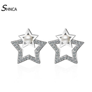 Simple Charm Bar Pentagram Star Cubic Zirconia 925 Sterling Silver Stud Earrings For Women Jewelry Gift Pendientes E014
