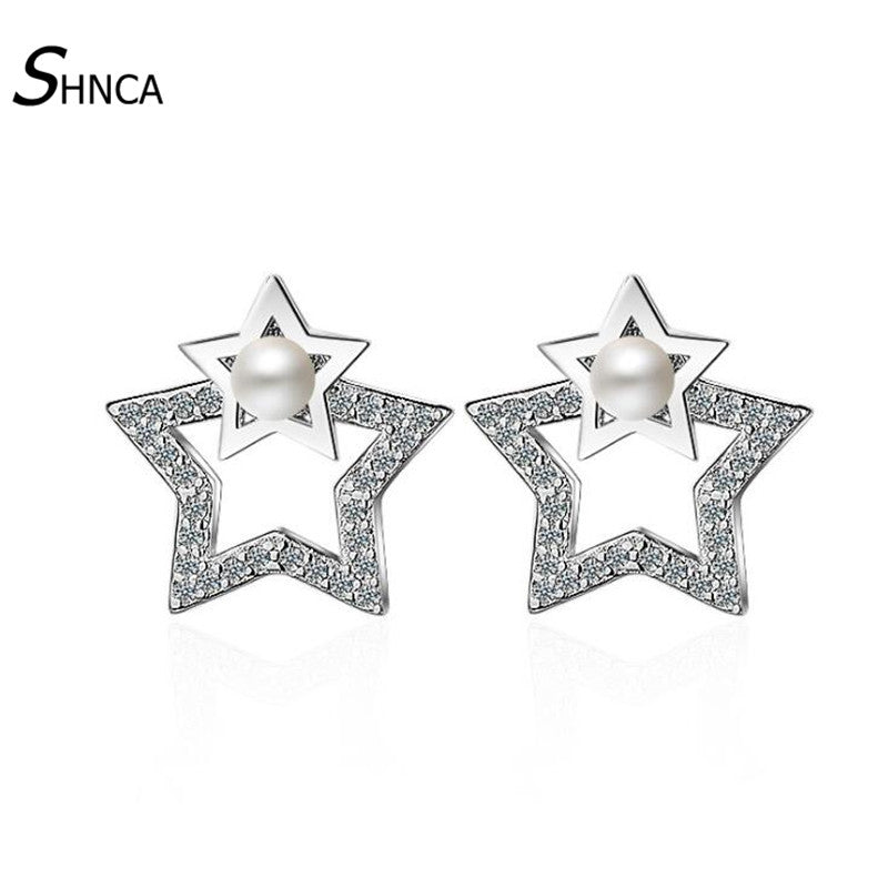 Simple Charm Bar Pentagram Star Cubic Zirconia 925 Sterling Silver Stud Earrings For Women Jewelry Gift Pendientes E014