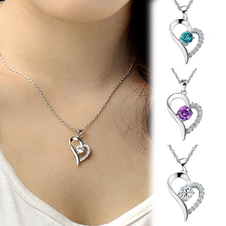 Simple Fashion Heart Shaped Rhinestone Pendant & Chain Necklace Jewelry Blue Purple White Drop Shipping NL-0564
