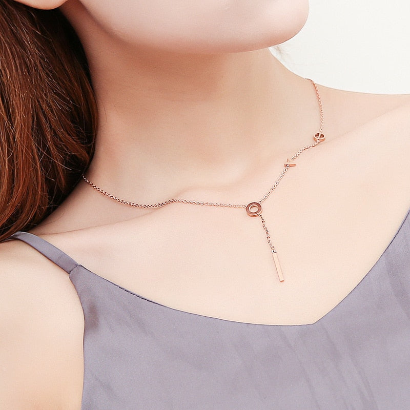 Simple Love Letter Tassel Y Shaped Necklace For Women Rose Gold Color New Fashion Jewelry Accessories Titanium Steel Necklace