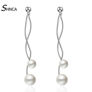 Simple Waves Shape Luster Pearl Earings 925 Sterling Silver Charm Long Tassel Earrings For Women Prevent Allergy E201
