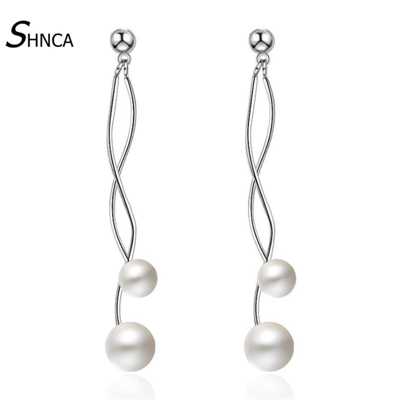 Simple Waves Shape Luster Pearl Earings 925 Sterling Silver Charm Long Tassel Earrings For Women Prevent Allergy E201