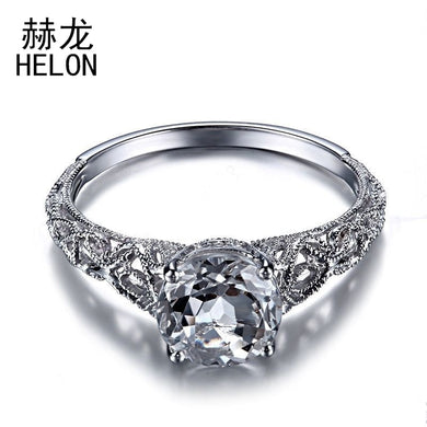 Solid 10K White Gold 8mm Round Cut 1.51CT Natural White Topaz Ring Art Deco Vintage Engagement Wedding Ring Fine Jewelry