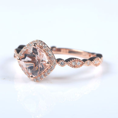 Solid 10k Rose Gold Women Natural Diamonds Elegant Engagement Wedding Ring Art Nouveau 6x6mm Cushion Cut Morganite Jewelry