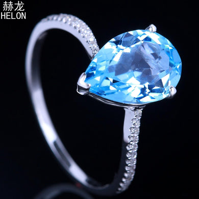 Solid 10k White Gold Pear 11x8mm Pear Cut Blue Topaz Gemstone Real Natural Diamonds Engagement Wedding Women Fine Jewelry Ring