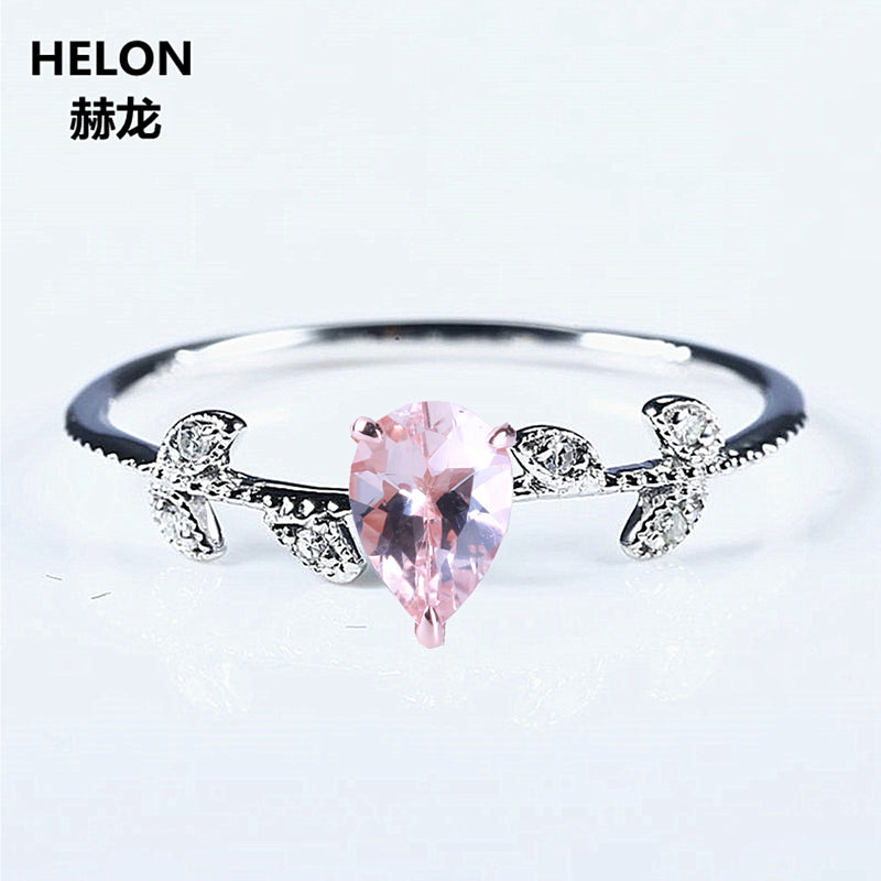 Solid 10k White Gold Rose Gold Anniversary Ring Natural Diamonds 5x7mm Pear 0.5ct Morganite glamorous romantic Jewelry