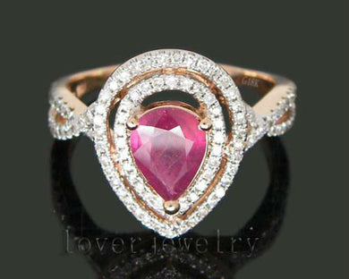Solid 14Kt Rose Gold 3.28Ct Natural Diamond Red Ruby Engagement Ring 7x9mm Pear Shape Jewelry for Women