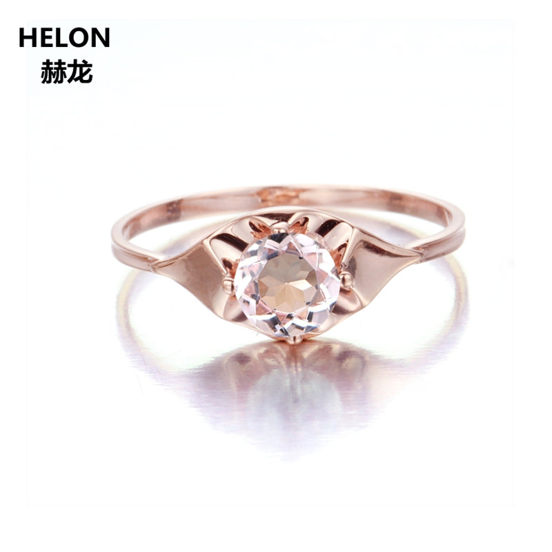 Solid 14k Rose Gold 6mm Round Cut Natural Morganite Engagement Wedding Ring Women Fine Jewelry