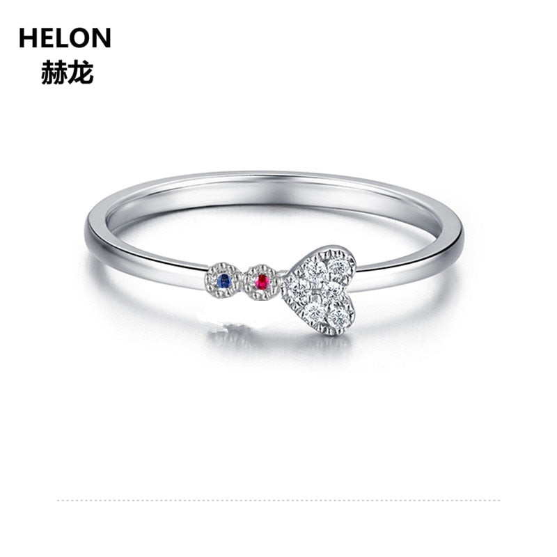 Solid 14k White Gold Natural Diamonds Ruby Sapphire Engagement Wedding Ring for Women Heart Party Fine Jewelry