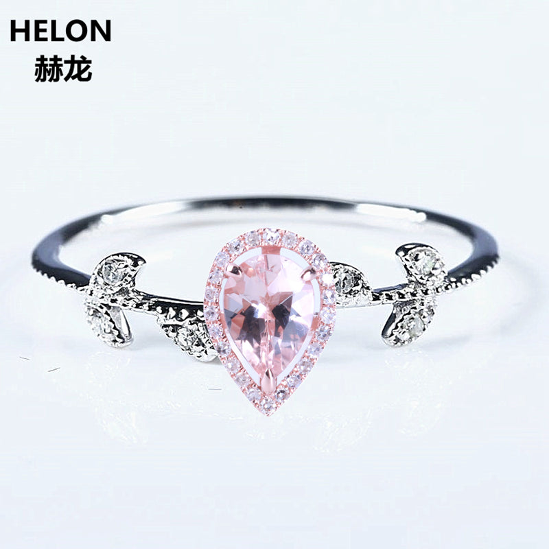 Solid 14k White Gold Rose Gold Natural Diamonds 5X7MM Pear Morganite Ring Wedding Engagement Fine Jewelry