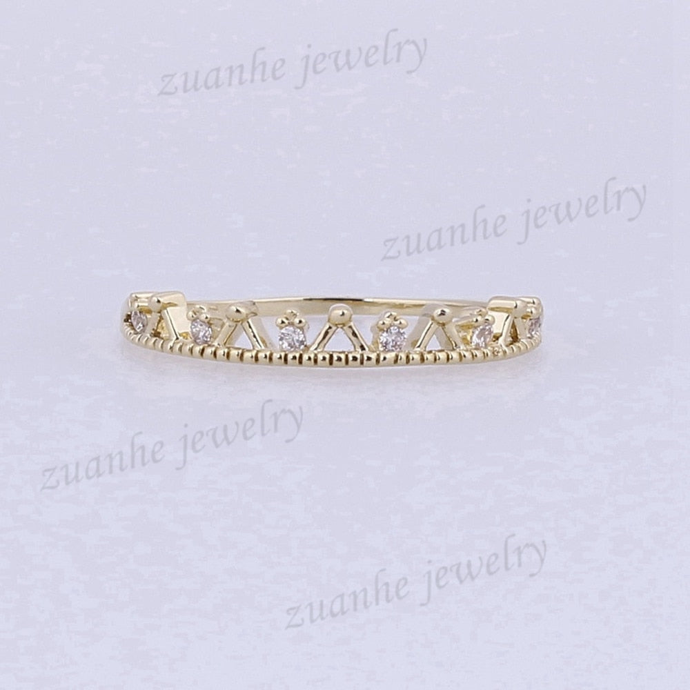 Solid 14k Yellow Gold Anniversary Wedding Band Natural DiamondD Crown Cute Engagement Ring