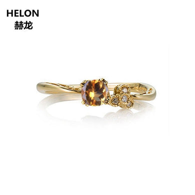 Solid 14k Yellow Gold Natural Diamonds 4MM Round Cut Citrine Engagement Wedding Ring for Women Fine Jewelry Trendy Retro