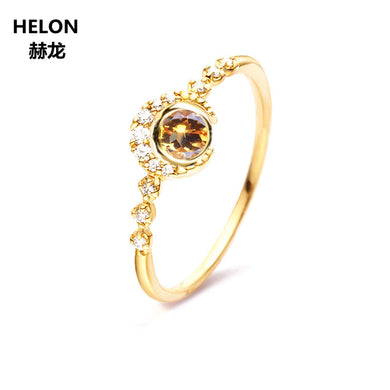 Solid 14k Yellow Gold Natural Diamonds Engagement Ring 4mm Round Cut Citrine Wedding Party Ring for Women Trendy Fine Jewelry